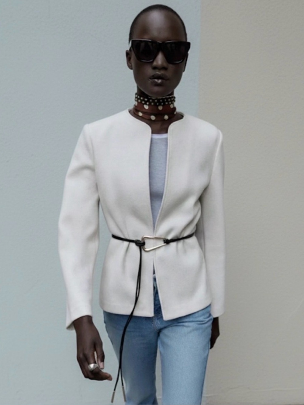 ZARA Ecru Round Neck Belted Blazer Jacket NWT Size M